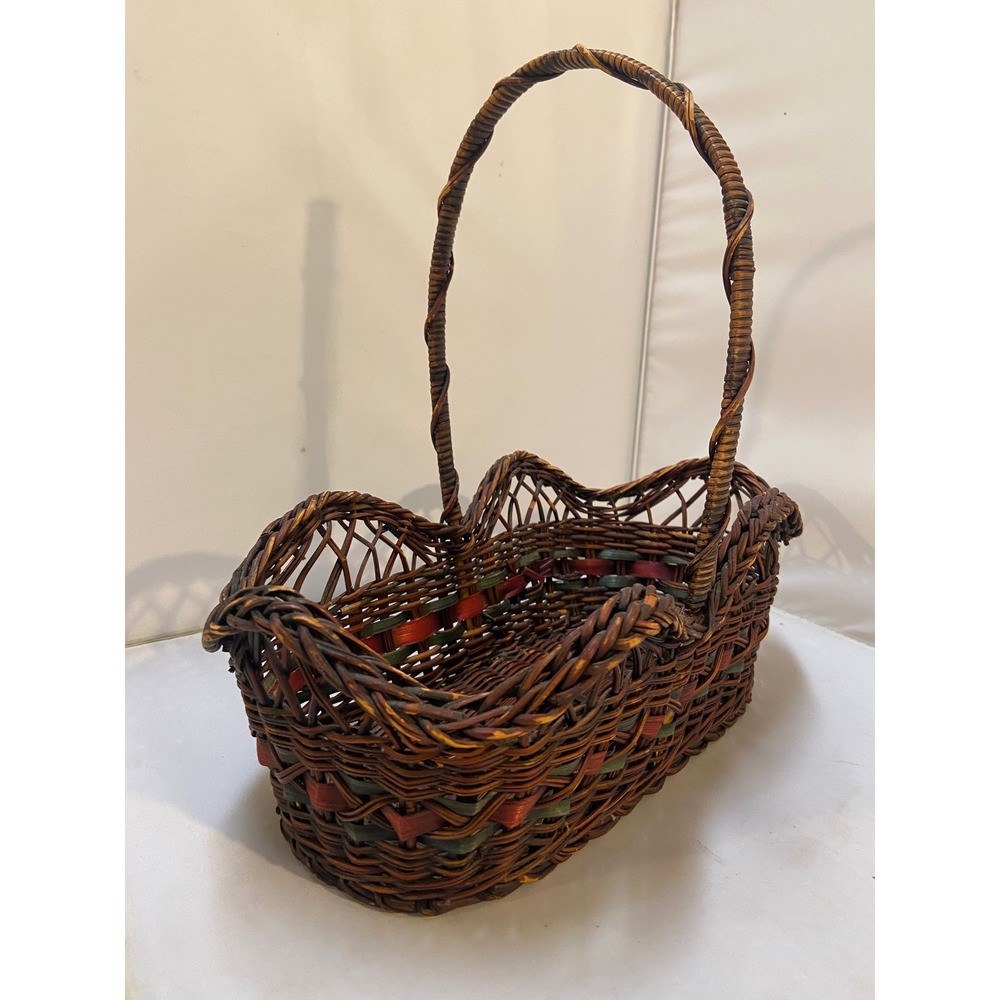 Wicker Decorative Basket Medium Brown Red Green Holiday Rustic Handle Vintage
